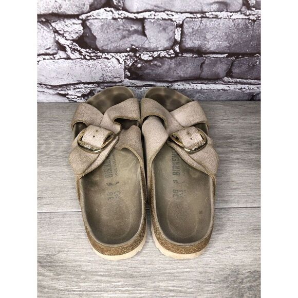 Birkenstock ARIZONA Beige Metallic Leather Strap Slides Sandals Women Sz 38EU/7M - Picture 5 of 16